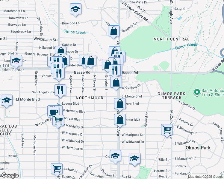 map of restaurants, bars, coffee shops, grocery stores, and more near 331 El Monte Boulevard in San Antonio