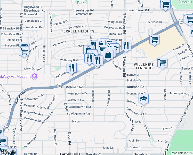 map of restaurants, bars, coffee shops, grocery stores, and more near 110 Blakeley Drive in San Antonio
