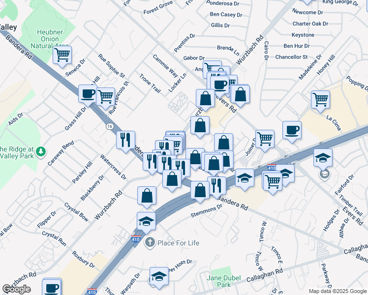 map of restaurants, bars, coffee shops, grocery stores, and more near 5732 Wurzbach Road in San Antonio