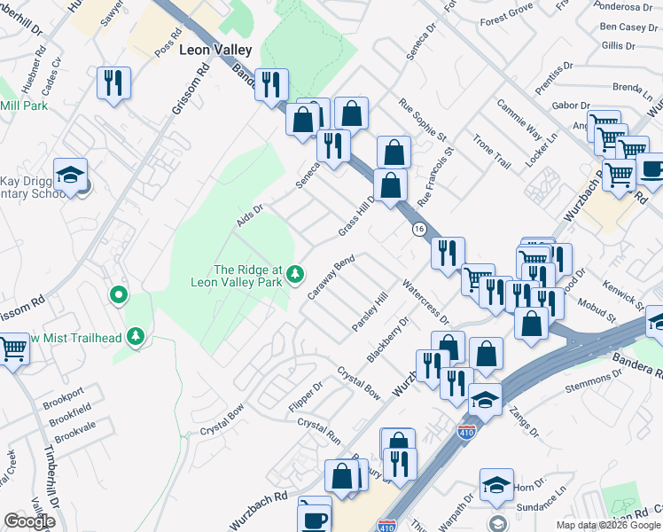 map of restaurants, bars, coffee shops, grocery stores, and more near 5565 Saffron Way in San Antonio