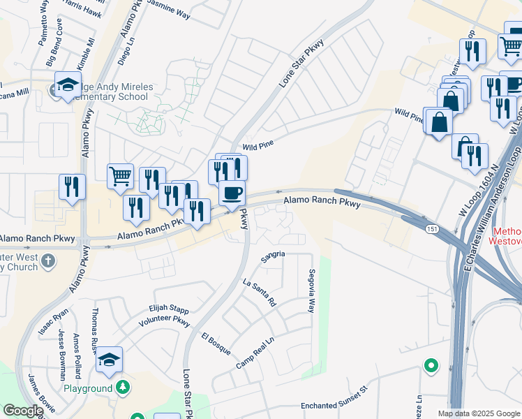 map of restaurants, bars, coffee shops, grocery stores, and more near 11650 Alamo Ranch Parkway in San Antonio