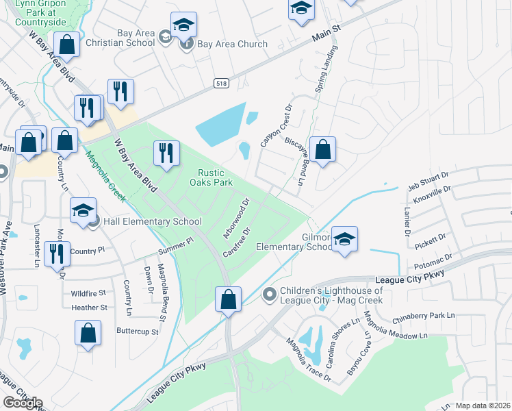 map of restaurants, bars, coffee shops, grocery stores, and more near 5111 Arborwood Drive in League City