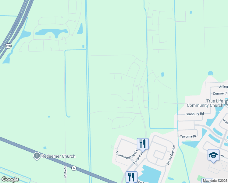 map of restaurants, bars, coffee shops, grocery stores, and more near 7616 Iowa Lane in Manvel