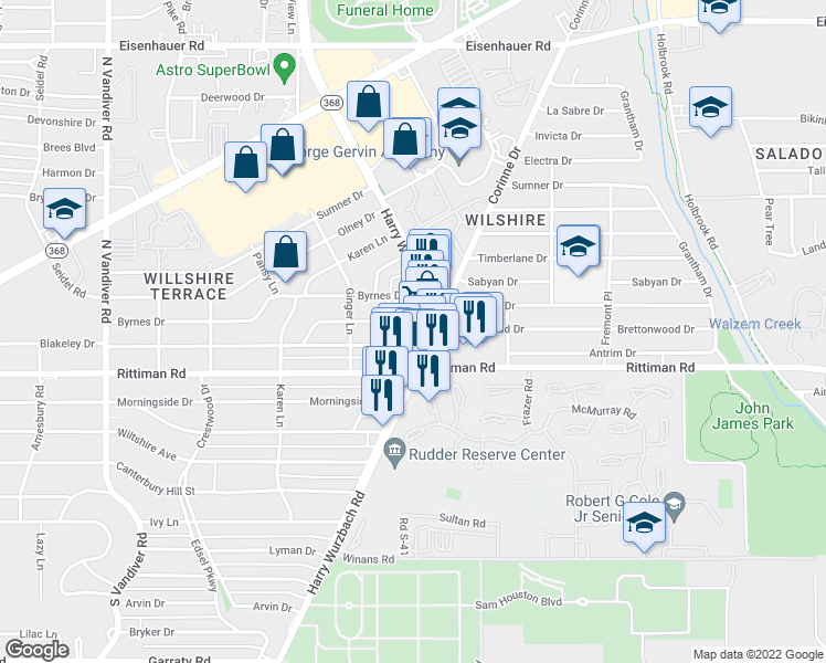 map of restaurants, bars, coffee shops, grocery stores, and more near 2414 Harry Wurzbach Road in San Antonio