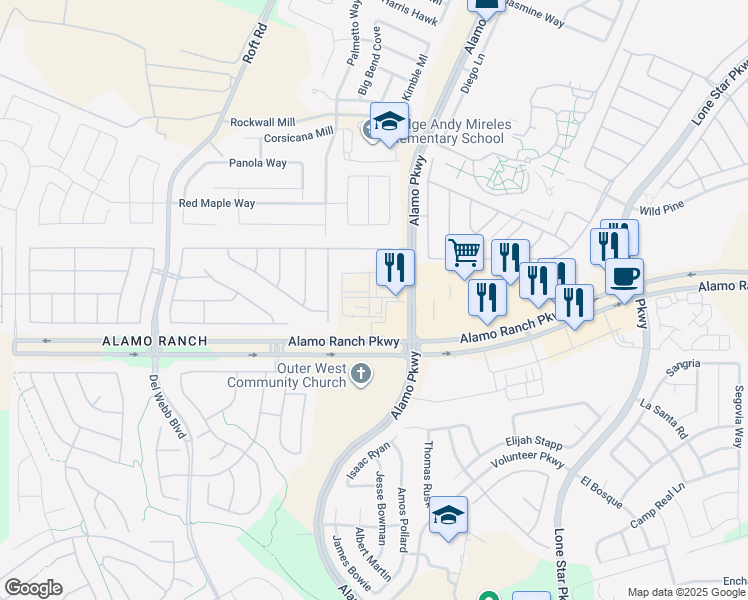 map of restaurants, bars, coffee shops, grocery stores, and more near 5415 Alamo Parkway in San Antonio