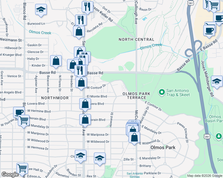 map of restaurants, bars, coffee shops, grocery stores, and more near 5325 Howard Street in San Antonio