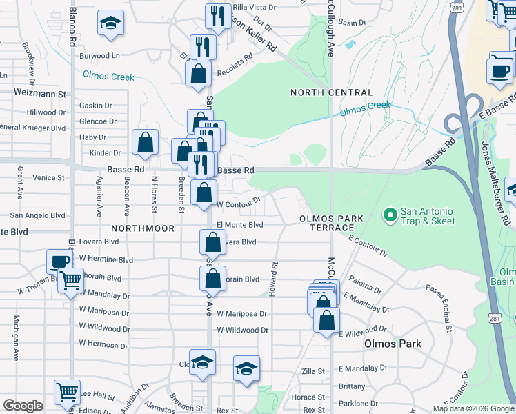 map of restaurants, bars, coffee shops, grocery stores, and more near 229 El Monte Boulevard in San Antonio