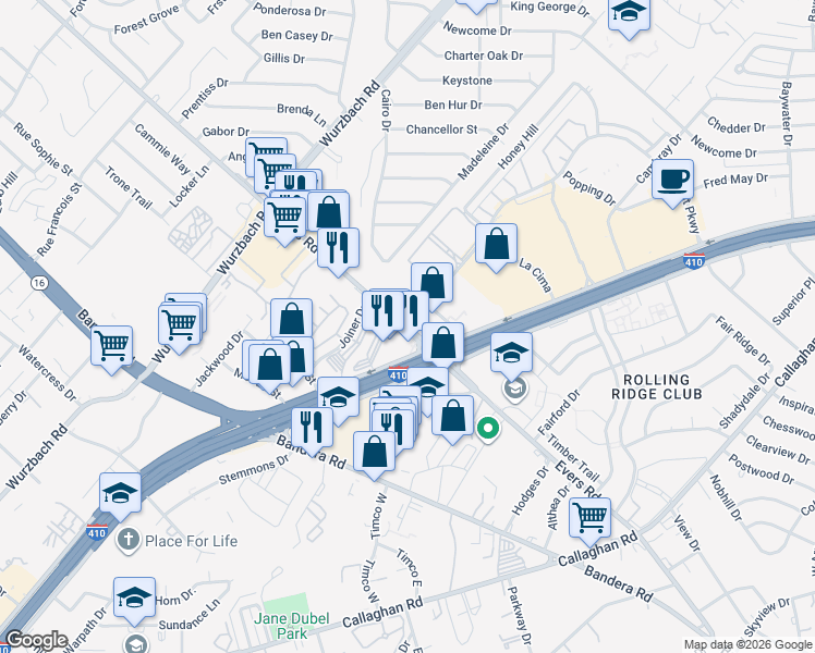 map of restaurants, bars, coffee shops, grocery stores, and more near Evers Rd & Glen Ridge Dr in San Antonio