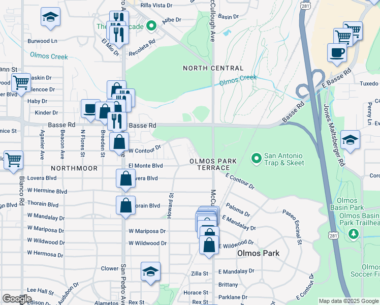 map of restaurants, bars, coffee shops, grocery stores, and more near 1441 West Contour Drive in San Antonio