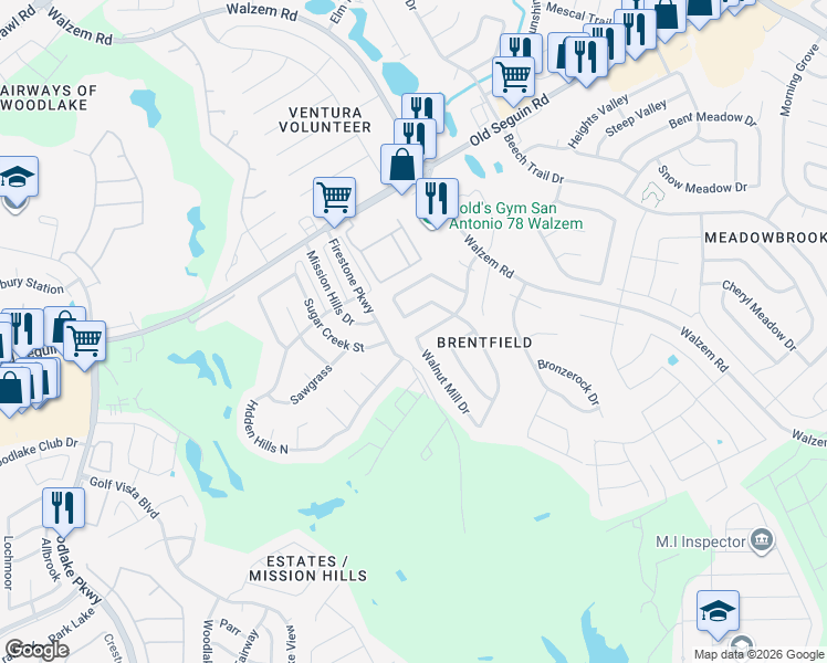 map of restaurants, bars, coffee shops, grocery stores, and more near 6306 Firestone Parkway in San Antonio