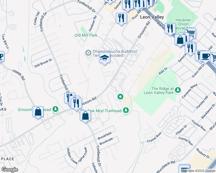 map of restaurants, bars, coffee shops, grocery stores, and more near Grissom Rd & Shadow Mist Rd in Leon Valley