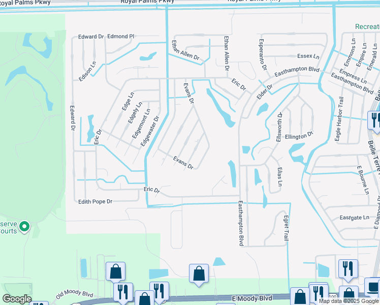 map of restaurants, bars, coffee shops, grocery stores, and more near 19 Evanston Lane in Palm Coast