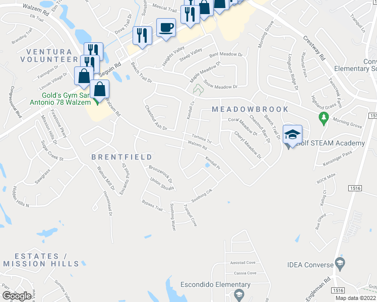 map of restaurants, bars, coffee shops, grocery stores, and more near 6032 Kendall Cove in Converse