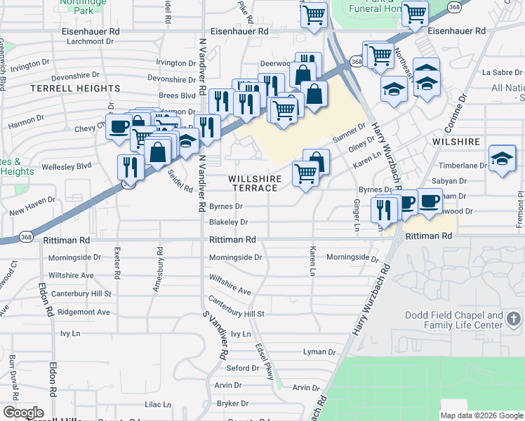 map of restaurants, bars, coffee shops, grocery stores, and more near 422 Blakeley Drive in San Antonio