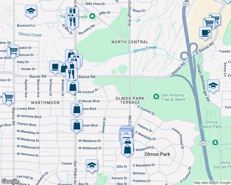 map of restaurants, bars, coffee shops, grocery stores, and more near 1441 West Contour Drive in San Antonio
