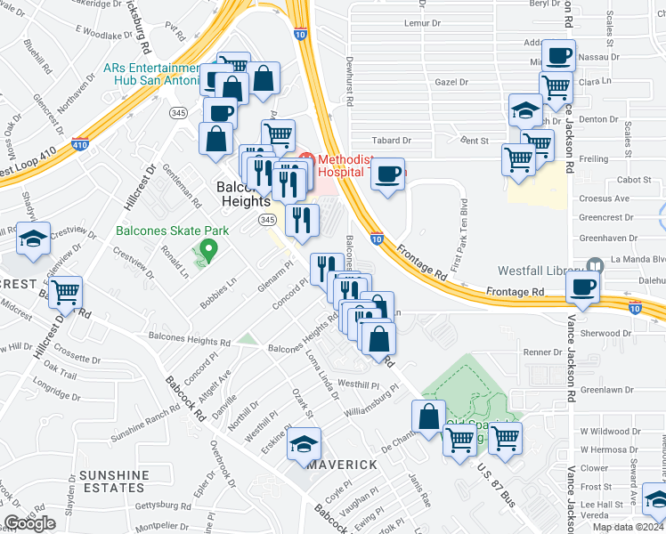 map of restaurants, bars, coffee shops, grocery stores, and more near 4109 U.S. 87 Bus in Balcones Heights