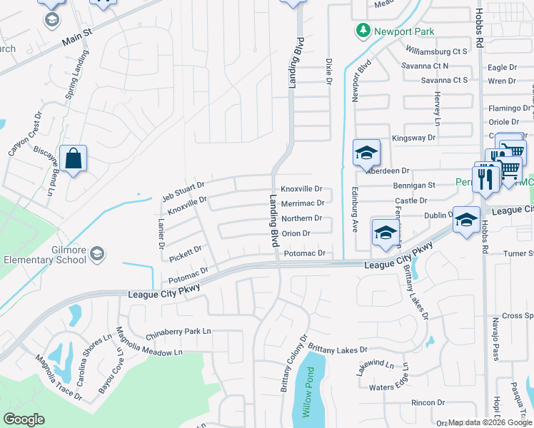 map of restaurants, bars, coffee shops, grocery stores, and more near 2604 Orion Drive in League City