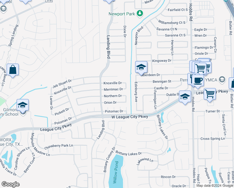 map of restaurants, bars, coffee shops, grocery stores, and more near 2516 Northern Drive in League City