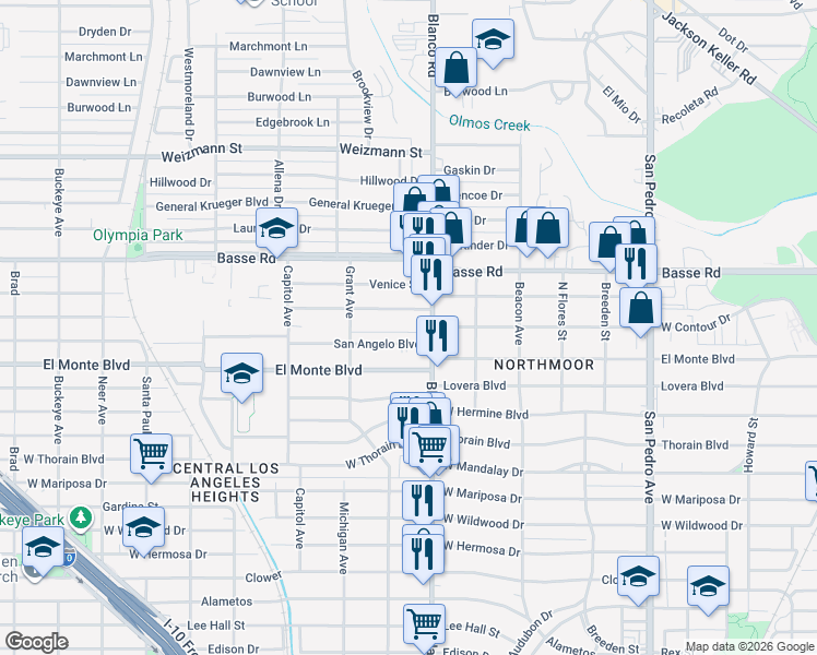 map of restaurants, bars, coffee shops, grocery stores, and more near 4303 Blanco Road in San Antonio