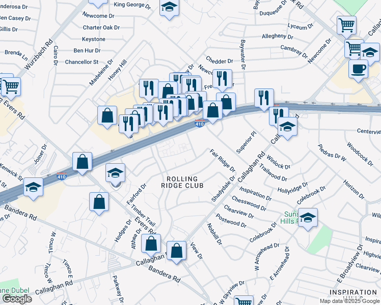 map of restaurants, bars, coffee shops, grocery stores, and more near 4818 Fairford Drive in San Antonio