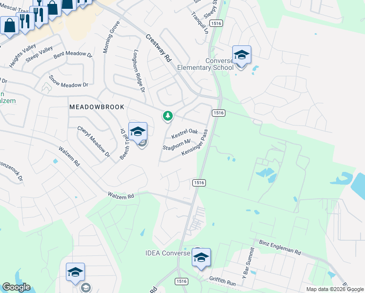 map of restaurants, bars, coffee shops, grocery stores, and more near 8875 Staghorn Mill in Converse