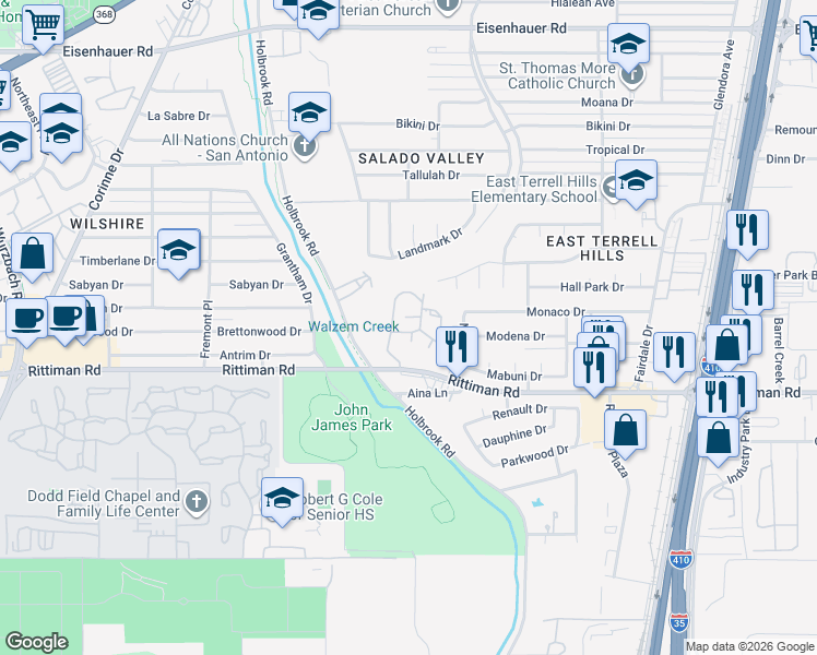 map of restaurants, bars, coffee shops, grocery stores, and more near 6318 Queens Castle Drive in San Antonio