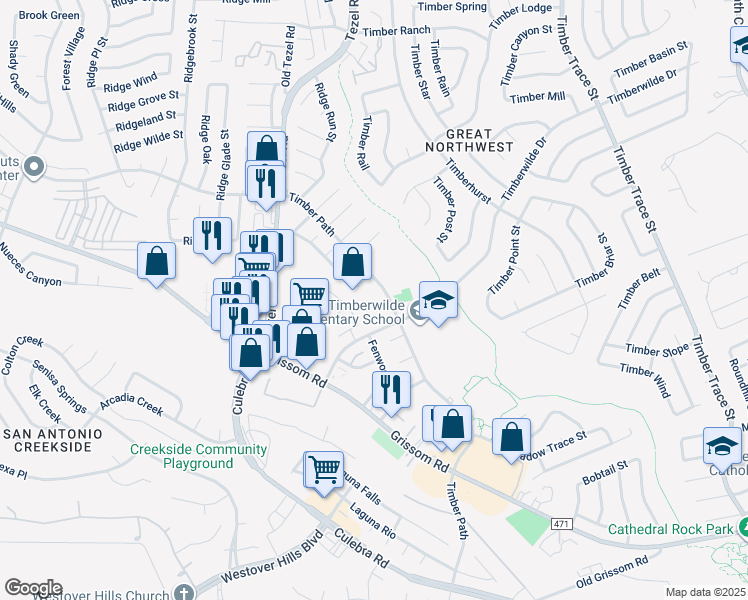 map of restaurants, bars, coffee shops, grocery stores, and more near 9014 Timber Path in San Antonio