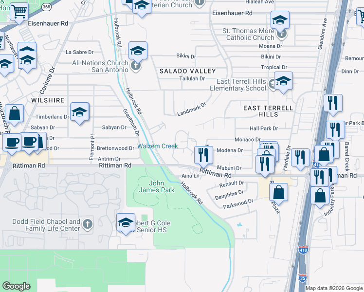 map of restaurants, bars, coffee shops, grocery stores, and more near 6318 Queens Castle Drive in San Antonio