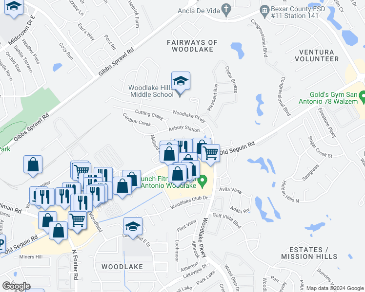 map of restaurants, bars, coffee shops, grocery stores, and more near 6938 Asbury Station in San Antonio