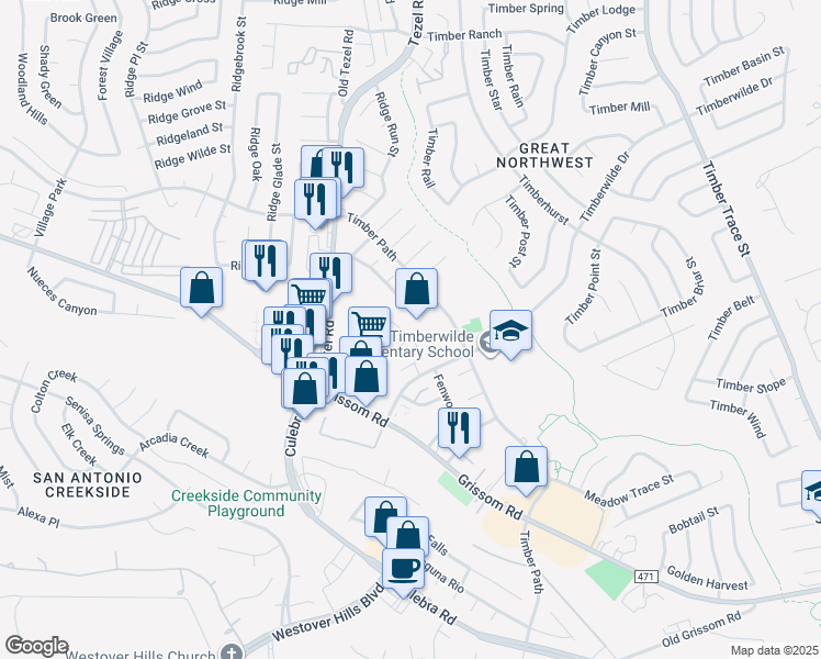 map of restaurants, bars, coffee shops, grocery stores, and more near 8915 Timber Run in San Antonio