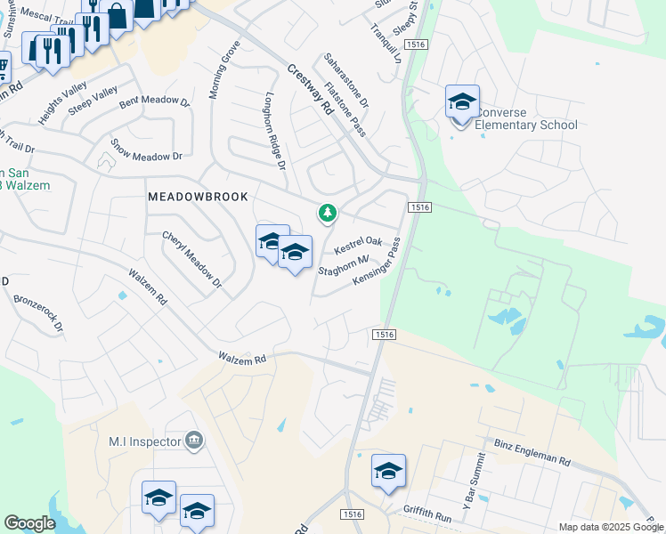 map of restaurants, bars, coffee shops, grocery stores, and more near 8819 Kestrel Oak in Converse