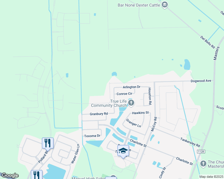map of restaurants, bars, coffee shops, grocery stores, and more near 6502 Marble Falls Lane in Manvel