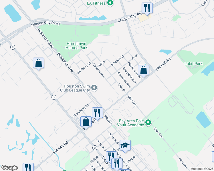 map of restaurants, bars, coffee shops, grocery stores, and more near 2805 Virginia Avenue in League City