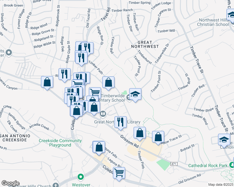 map of restaurants, bars, coffee shops, grocery stores, and more near 9014 Timber Path in San Antonio