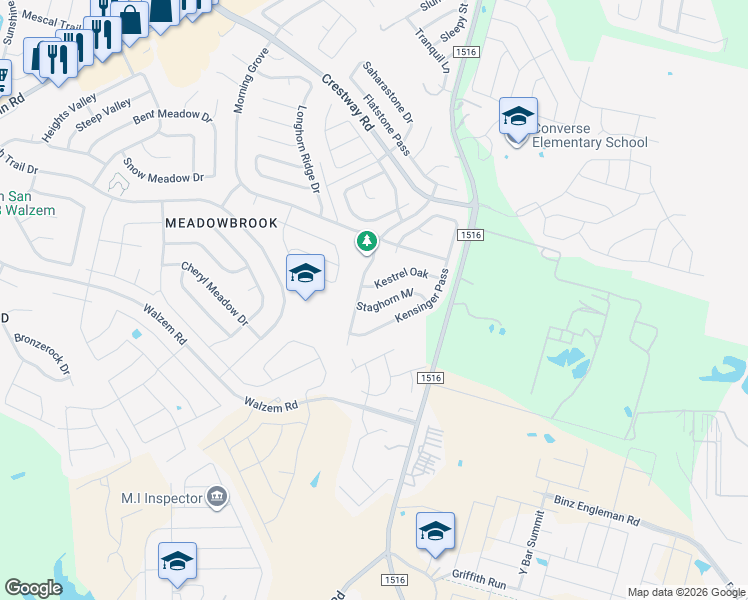 map of restaurants, bars, coffee shops, grocery stores, and more near 8819 Kestrel Oak in Converse