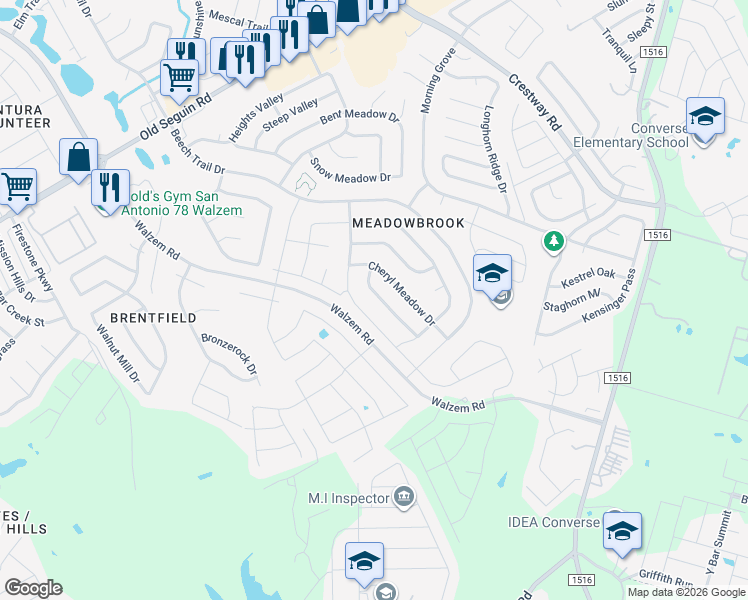 map of restaurants, bars, coffee shops, grocery stores, and more near 8122 Cheryl Meadow Drive in Converse