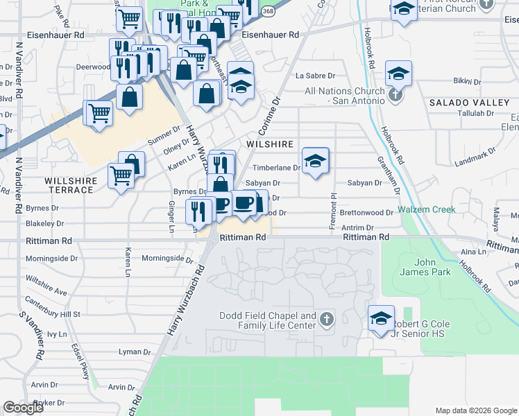 map of restaurants, bars, coffee shops, grocery stores, and more near 135 Cresham Drive in San Antonio