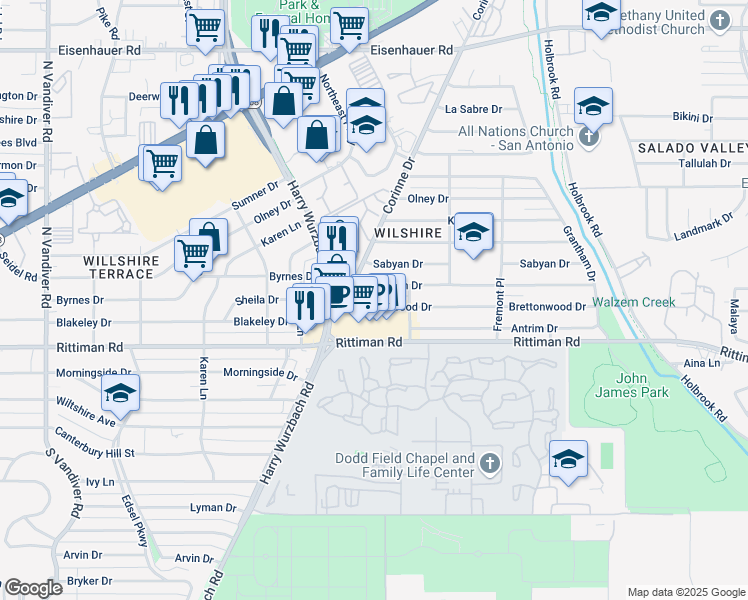 map of restaurants, bars, coffee shops, grocery stores, and more near 107 Cresham Drive in San Antonio