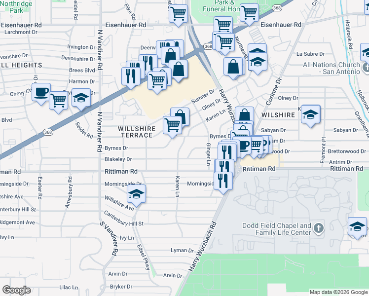 map of restaurants, bars, coffee shops, grocery stores, and more near 238 Karen Lane in San Antonio