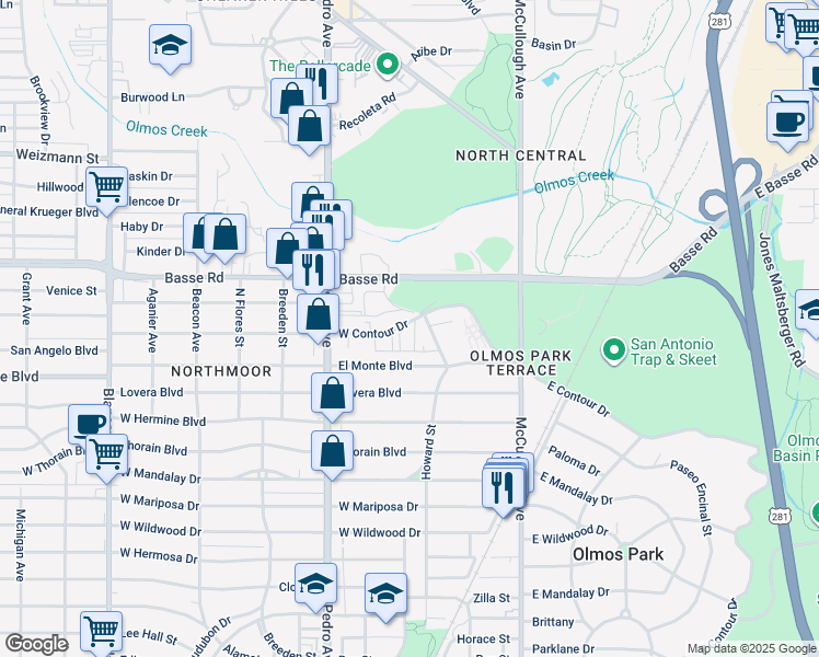map of restaurants, bars, coffee shops, grocery stores, and more near 1516 West Contour Drive in San Antonio