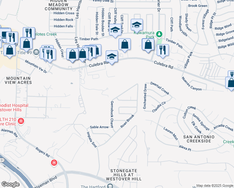 map of restaurants, bars, coffee shops, grocery stores, and more near 5235 Gemsbuck Chase in San Antonio