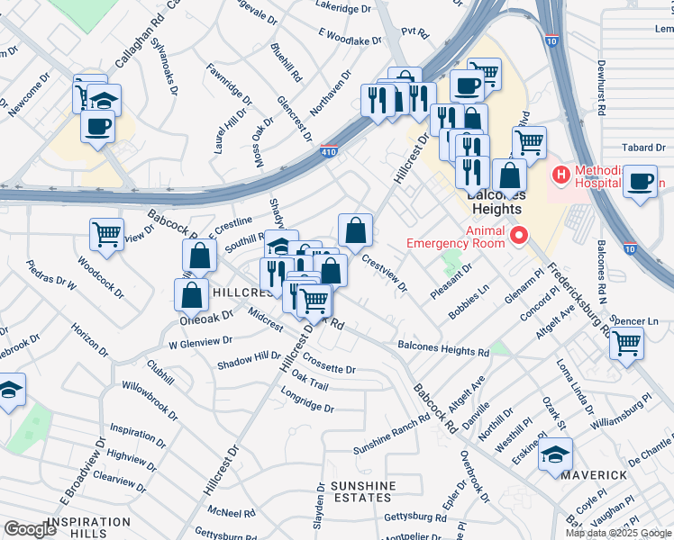 map of restaurants, bars, coffee shops, grocery stores, and more near 2919 Hillcrest Drive in San Antonio