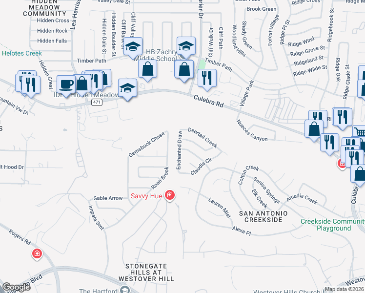 map of restaurants, bars, coffee shops, grocery stores, and more near 9741 Kashmir Drive in San Antonio