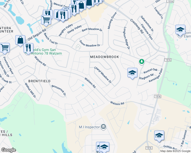 map of restaurants, bars, coffee shops, grocery stores, and more near 8122 Cheryl Meadow Drive in Converse