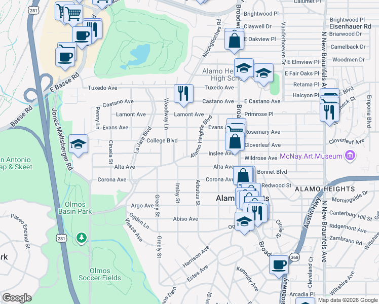 map of restaurants, bars, coffee shops, grocery stores, and more near 316 College Boulevard in San Antonio