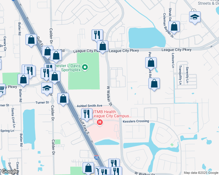 map of restaurants, bars, coffee shops, grocery stores, and more near West Walker Street in League City