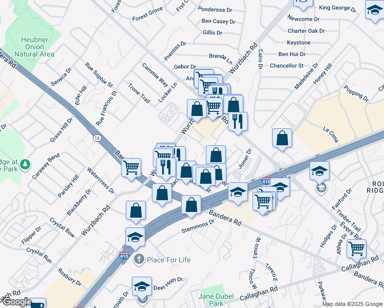 map of restaurants, bars, coffee shops, grocery stores, and more near 5423 Jackwood Drive in San Antonio