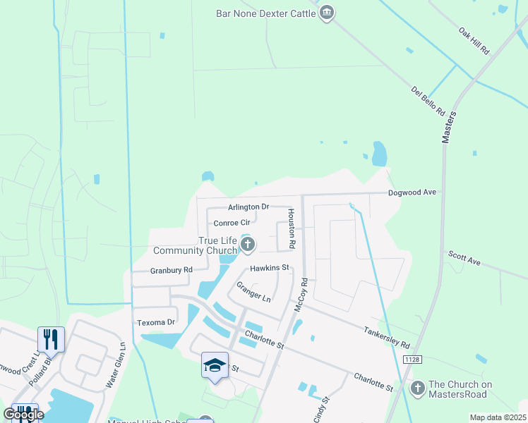 map of restaurants, bars, coffee shops, grocery stores, and more near 6815 Arlington Drive in Manvel