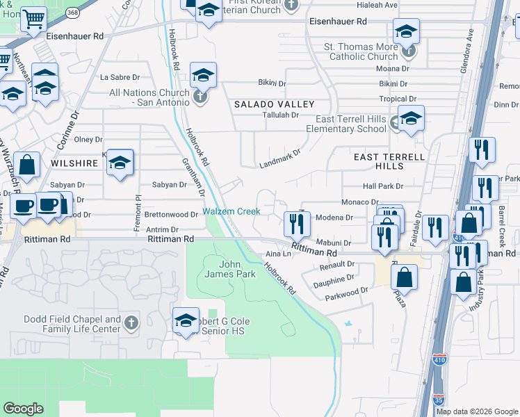 map of restaurants, bars, coffee shops, grocery stores, and more near 6318 Queens Castle Drive in San Antonio