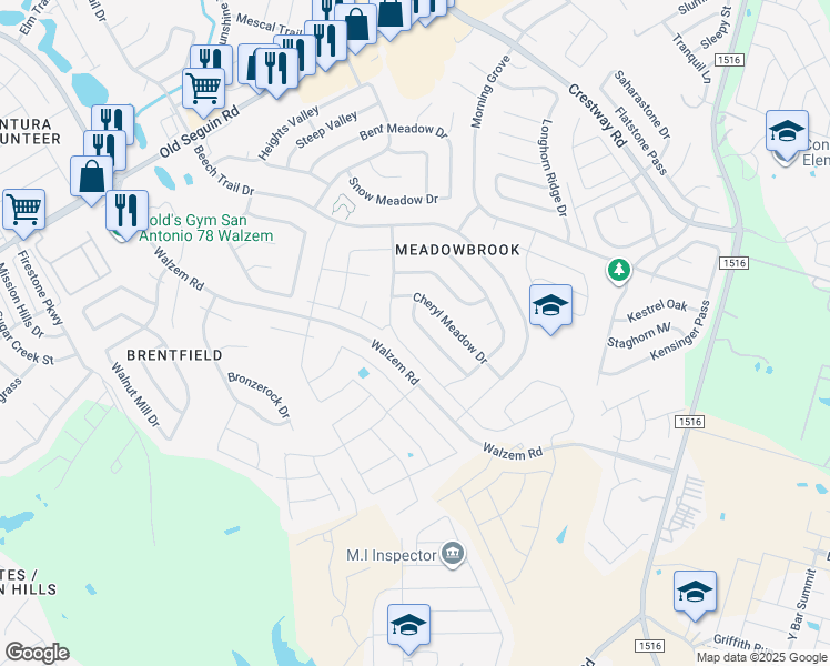 map of restaurants, bars, coffee shops, grocery stores, and more near 8110 Ocean Meadow Drive in Converse